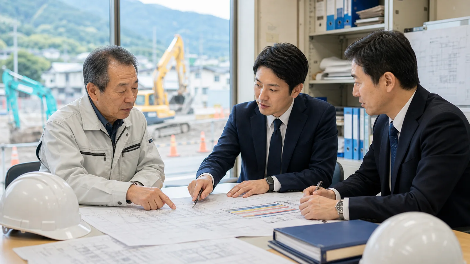 岐阜の建設工事会社M&Aで図面と工事現場を確認する相談風景