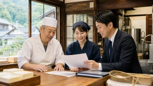 飛騨や白川村の食品事業承継を相談する店舗経営者とアドバイザー